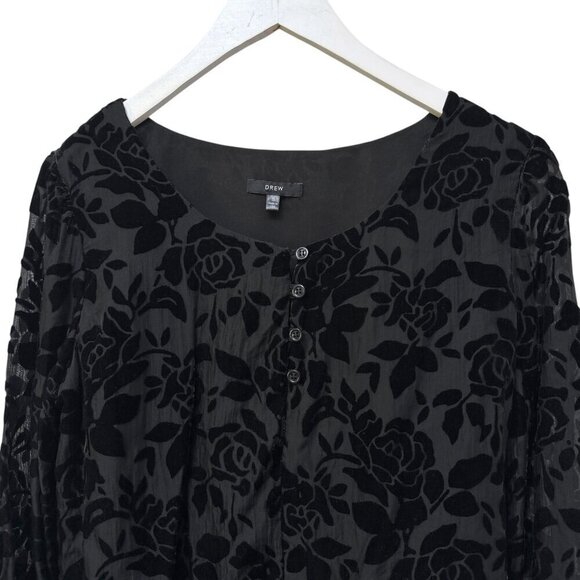 DREW Womens Top Size Small Black Burnout Velvet Blouse Long Sleeve - Picture 2 of 9